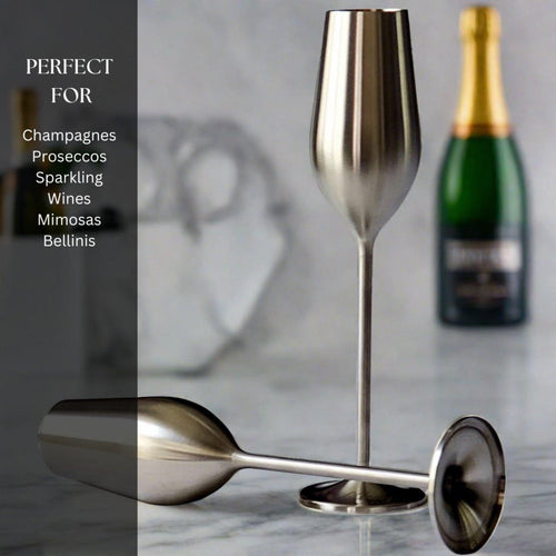 Celebrate freely — the unbreakable silver flutes that bring elegance to every pour