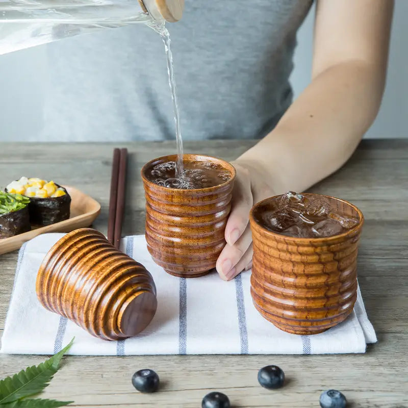 Natural Wood Water Cup with Jujube Line Pattern
