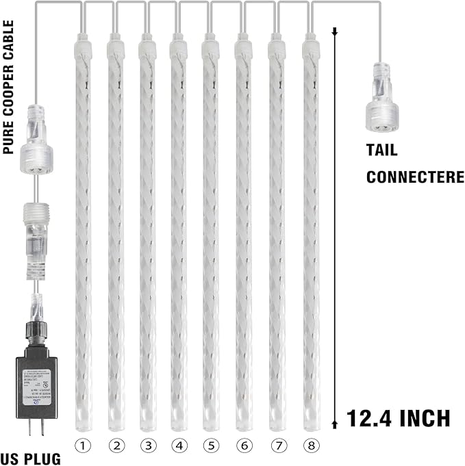 Dazzle Bright Christmas Lights Outdoor, 288LED Meteor Shower Rain Lights 12 Inch 8 Tubes, Waterproof Plug in Falling Icicle Lights Christmas Decorations for Xmas Tree Yard House Decor (Warm White)