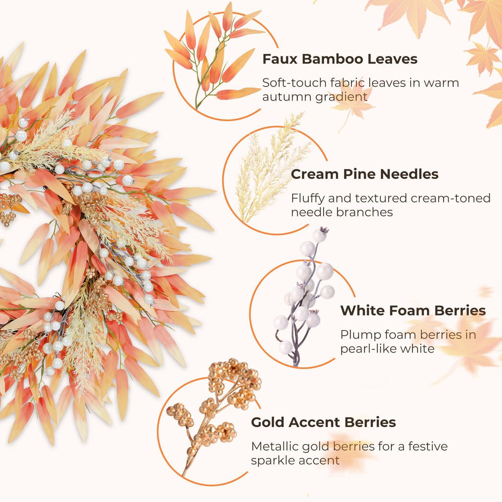 OEOPIUR Fall Wreath Front Door Decor Large Orange Autumn Leaves Indoor Outdoor