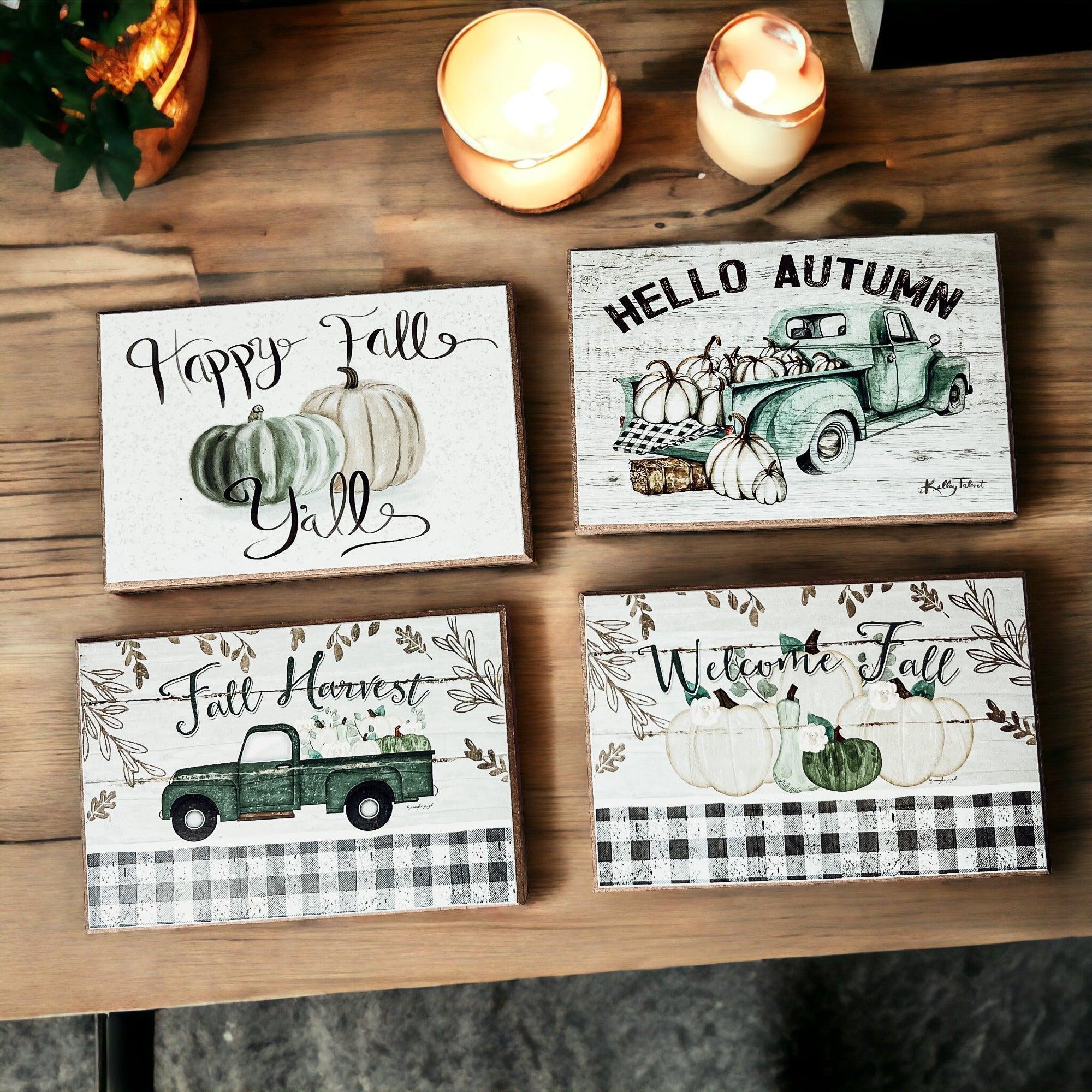 Teal Vintage Truck Hello Autumn Sign - Fall Halloween Decor, Neutral Farmhouse