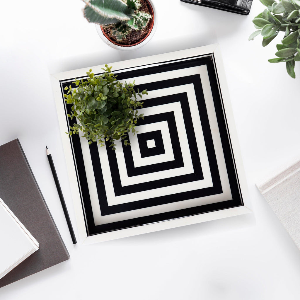 Black White Concentric Tray Coffee Table Ottoman 11x17 12x12