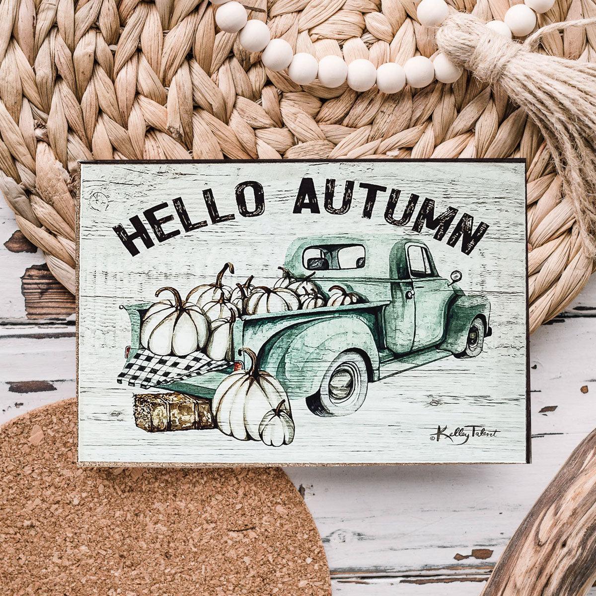 Teal Vintage Truck Hello Autumn Sign - Fall Halloween Decor, Neutral Farmhouse