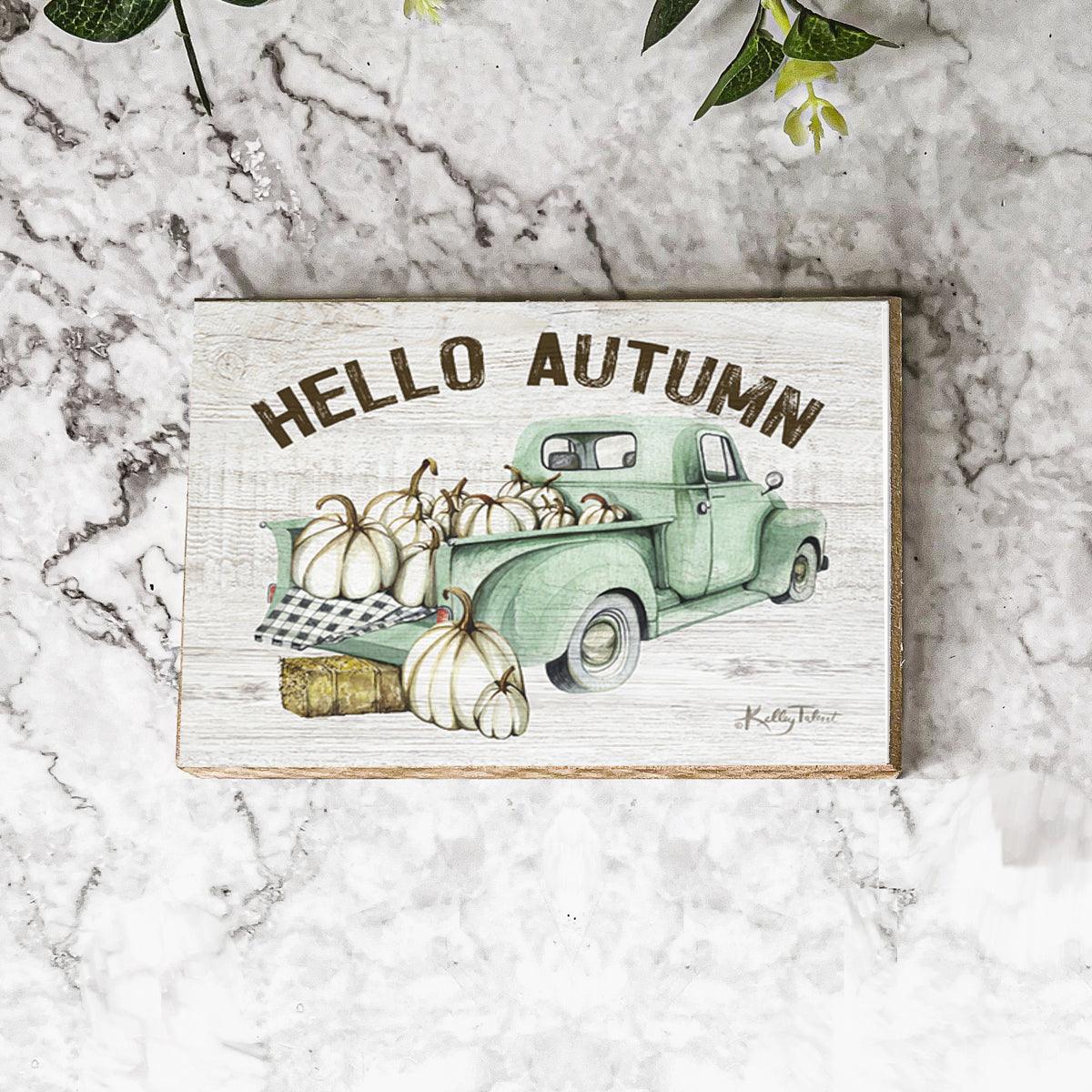 Teal Vintage Truck Hello Autumn Sign - Fall Halloween Decor, Neutral Farmhouse