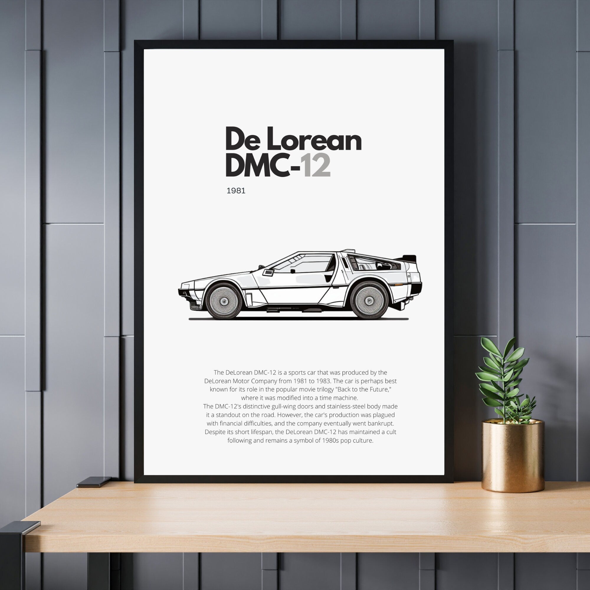 Affiche De Lorean DMC-12  | Art mural | Affiche voiture vintage | Affiche noir et blanc