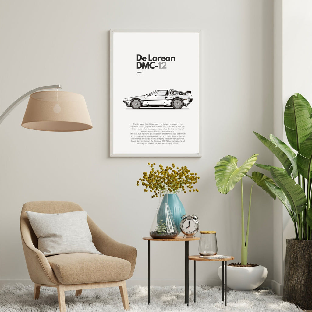 Affiche De Lorean DMC-12  | Art mural | Affiche voiture vintage | Affiche noir et blanc