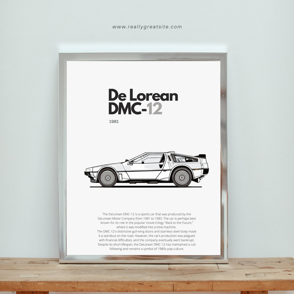 Affiche De Lorean DMC-12  | Art mural | Affiche voiture vintage | Affiche noir et blanc