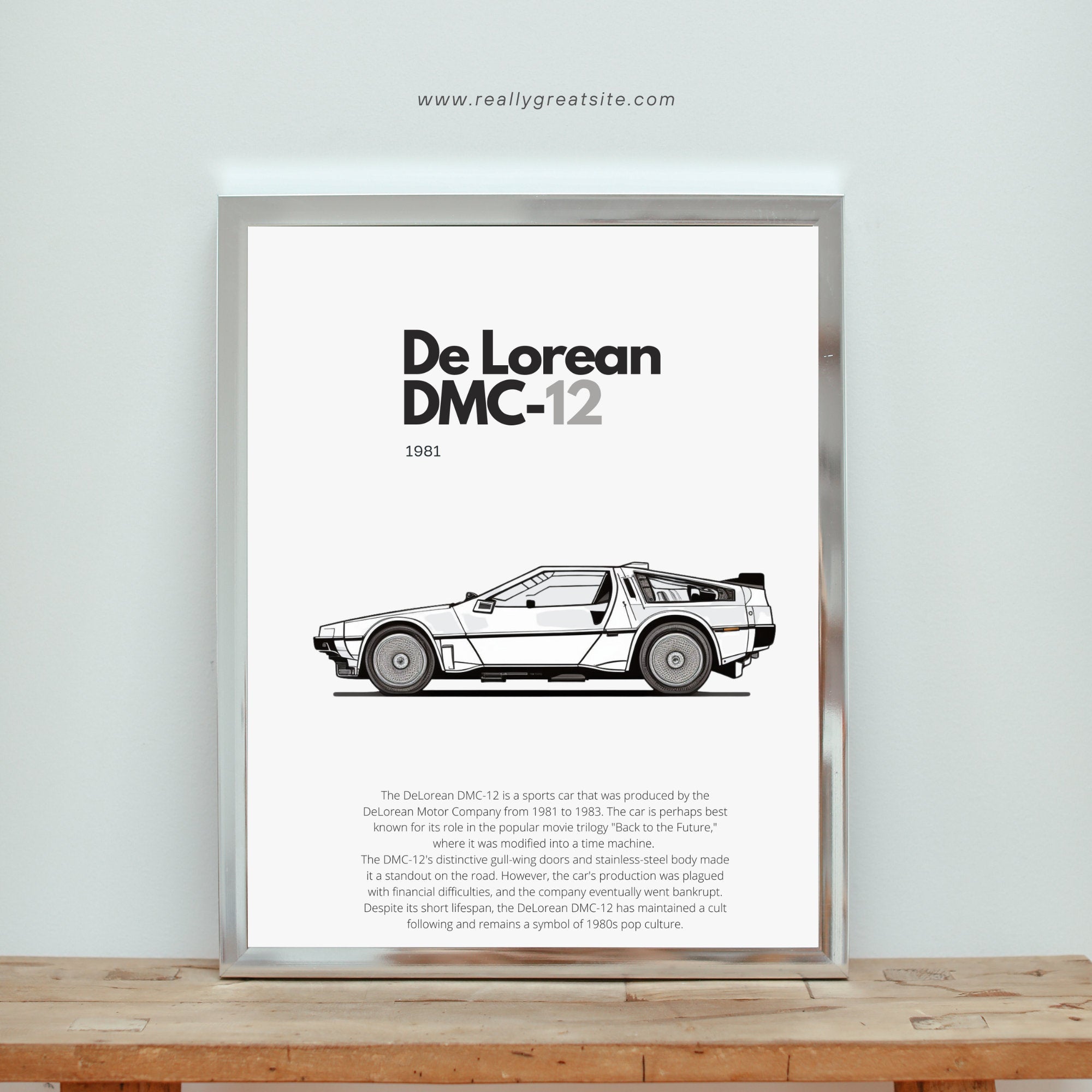 Affiche De Lorean DMC-12  | Art mural | Affiche voiture vintage | Affiche noir et blanc