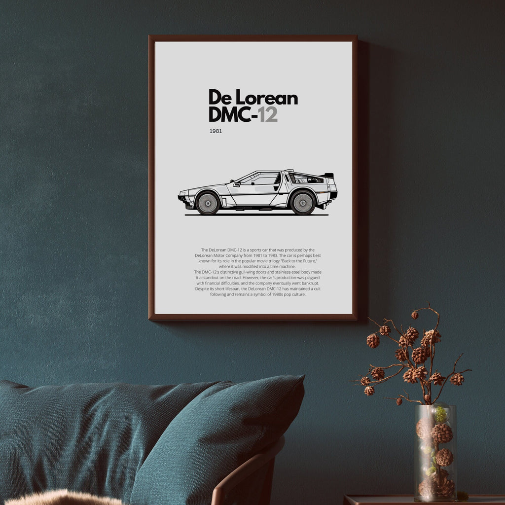 Affiche De Lorean DMC-12  | Art mural | Affiche voiture vintage | Affiche noir et blanc