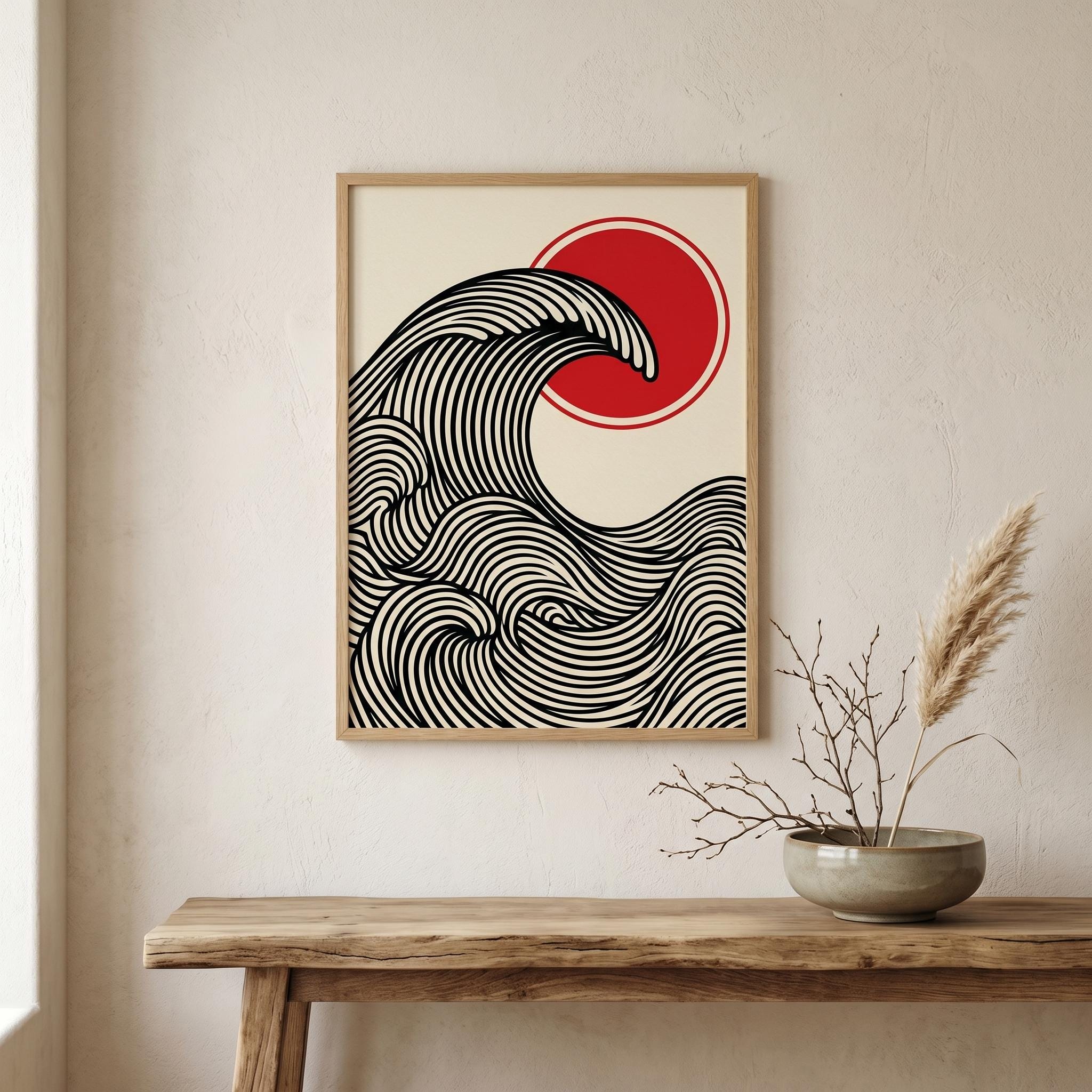 Affiche vague japonaise rouge et noir — art mural zen minimaliste