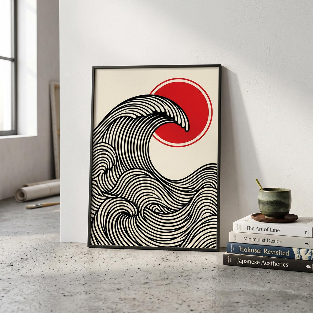 Affiche vague japonaise rouge et noir — art mural zen minimaliste