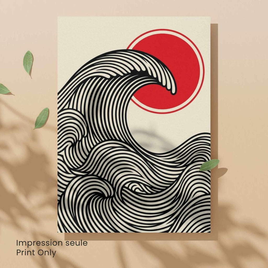 Affiche vague japonaise rouge et noir — art mural zen minimaliste