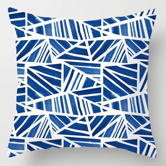 Blue Geometric Pillow Cover | Navy & White Cotton Linen Cushion Cover 18x18"